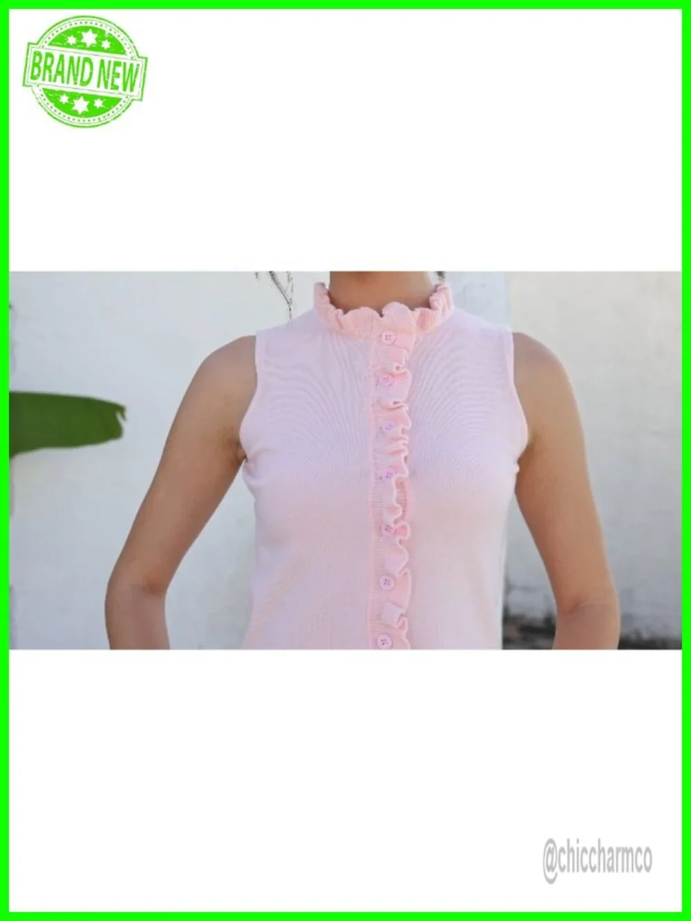 Sleeveless Sweater Vest Mock Neck Button Down Ruffle Trim Tank Top Summer Going